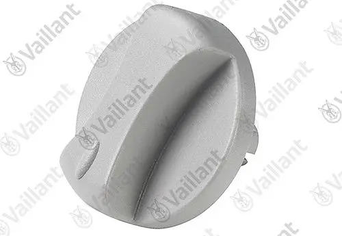 Grauer Vaillant-Knopf mit einer gewölbten Oberfläche und seitlichem Einstellmechanismus. Eignet sich zur Bedienung von Heizgeräten oder ähnlichen Geräten.
